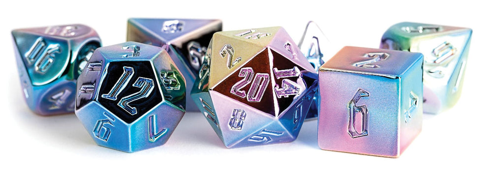 16mm Aluminum Plated Acrylic Poly Dice Set: Rainbow Aegis Uninked (7)