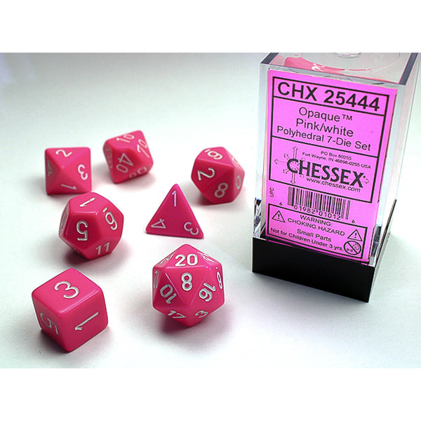 Chessex Pink/White Opaque Polyhedral 7-Sided Dice Set